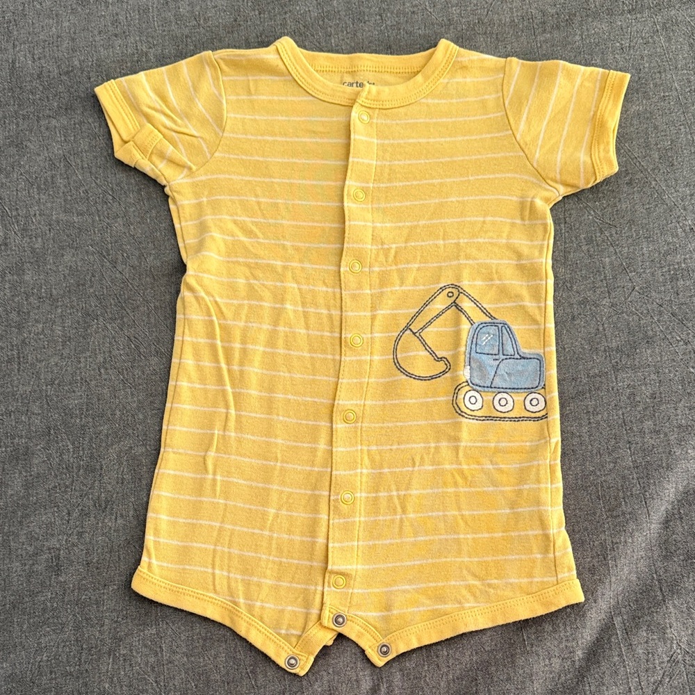 Carter's Yellow Striped Romper with Blue Excavator Applique